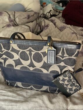 Coach Denim and Cream Signature Canvas Tote with Card Holder